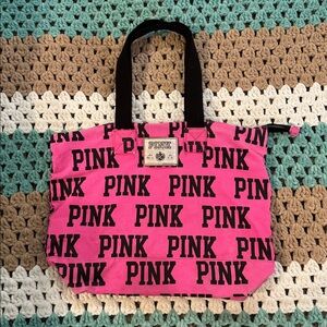 PINK Victoria's Secret Pink Black Tote Zipper Canvas Bag Purse Large